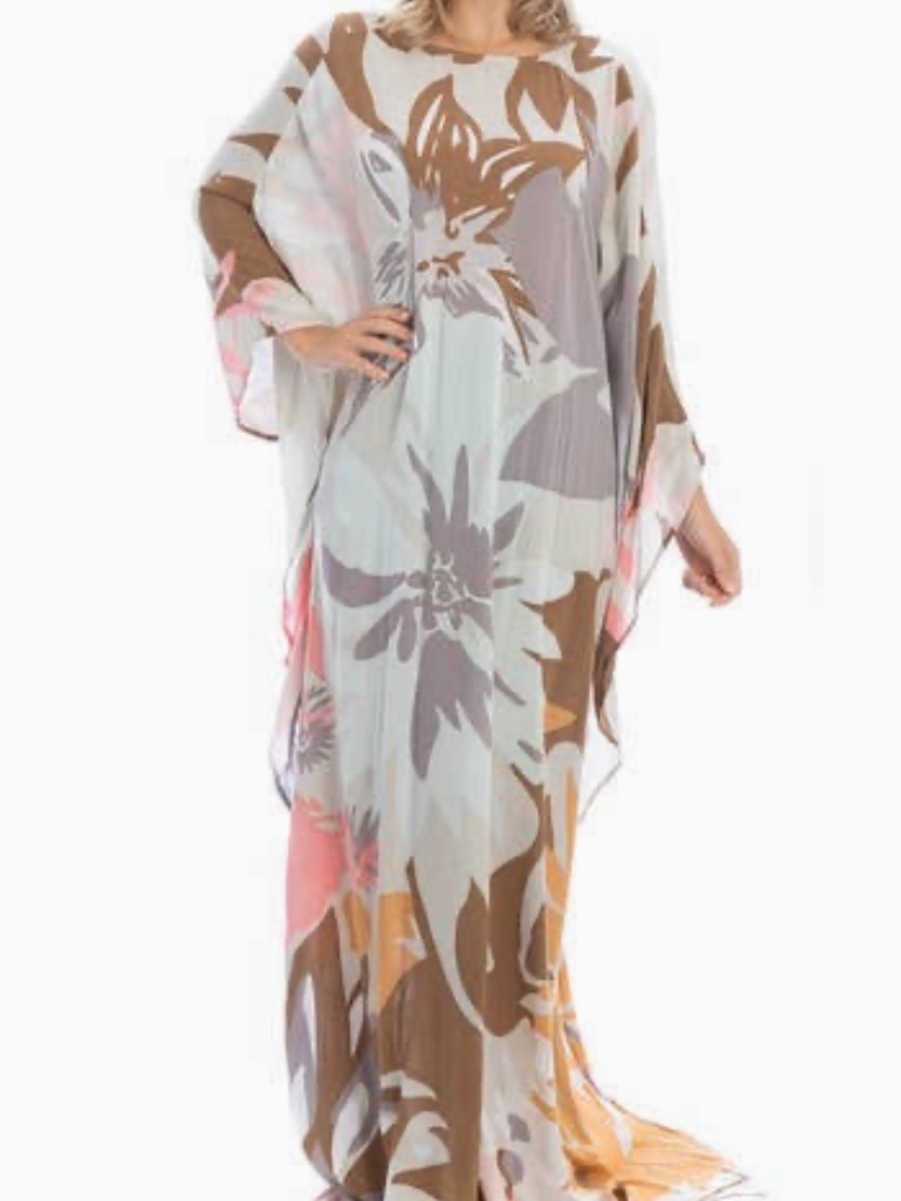 Saachi Floral Rayon Crepe Kaftan - Gray/ multi-colored - ONE SIZE - NEW - Picture 7 of 9